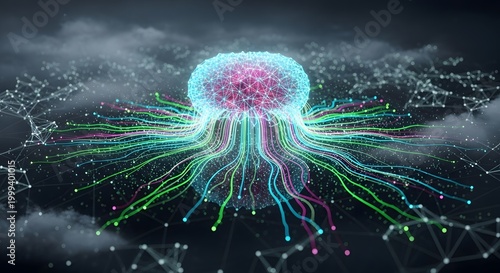 Cloud computing and centralized data storage infrastructure. Network server and information flow. Glowing digital hub emitting colorful data streams over a dark foggy surface.