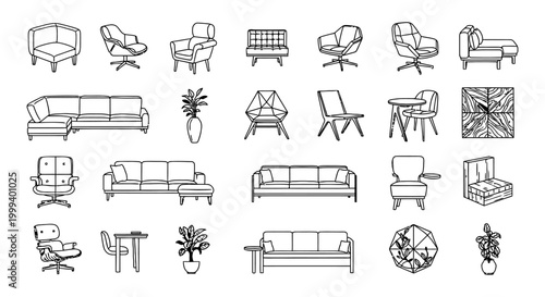 Set of architectural furniture CAD blocks featuring sofa and couch icons, armchairs, and potted plants for interior design, floor plans, and technical blueprint planning.