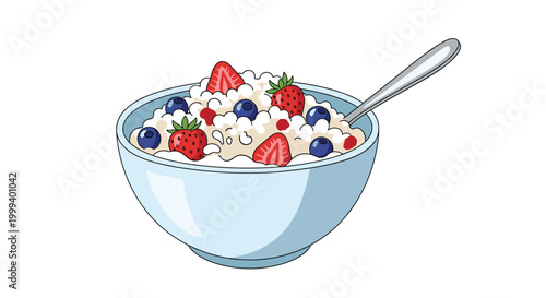 Bowl of healthy cottage cheese or Greek yogurt topped with fresh strawberries and blueberries with a spoon.
