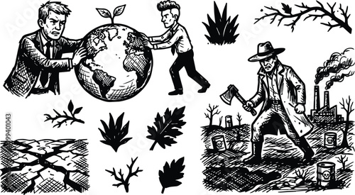 Black and white woodcut globe pushed by businessman and man with axe near toxic factory