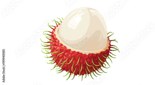 Exotic tropical rambutan fruit with its distinctive hairy red skin partially peeled to reveal sweet white flesh.