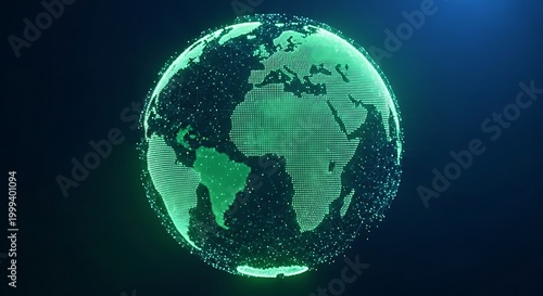 A green digital globe made of tiny pixels glows brightly against a dark blue background representing the Earth in a futuristic and technological concept