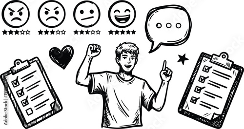Black and white sketch young man raising fist pointing with clipboards checklists and rating faces