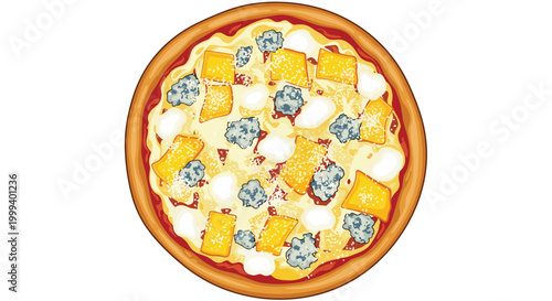 Freshly baked gourmet pizza topped with melted mozzarella, savory blue cheese crumbles, and sweet pear slices on a thin crust.