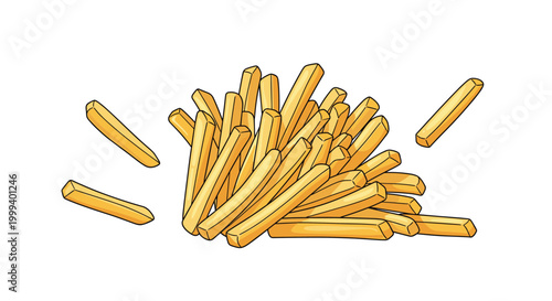 Large pile of golden crispy deep-fried french fries scattered naturally as a popular fast food side dish or salty snack.