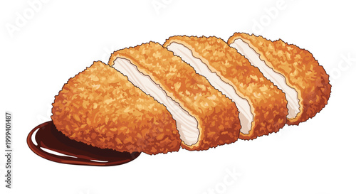 Sliced crispy fried chicken or pork katsu with a golden breaded crust is presented with a thick dark brown savory dipping sauce on the side.
