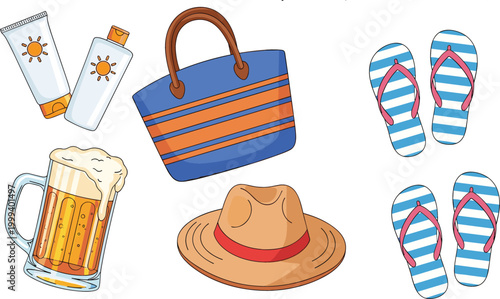 Summer vacation items set with beach bag flip flops sunscreen hat and beer mug cartoon vector illustration isolated on white background