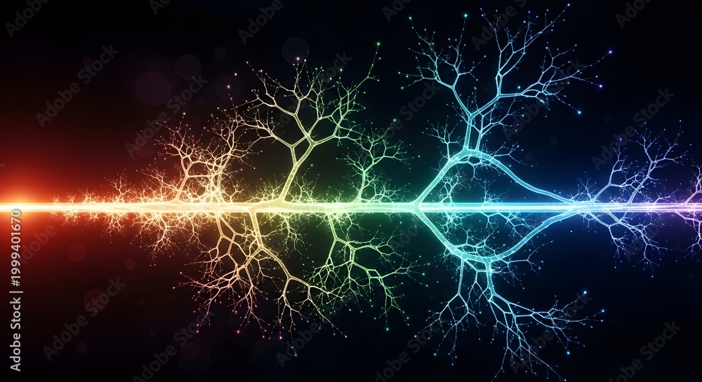 Fototapeta premium Rainbow fractal neural network and artificial intelligence growth. Deep learning and algorithmic connectivity. Digital tree branches glowing with vibrant spectrum data on black background