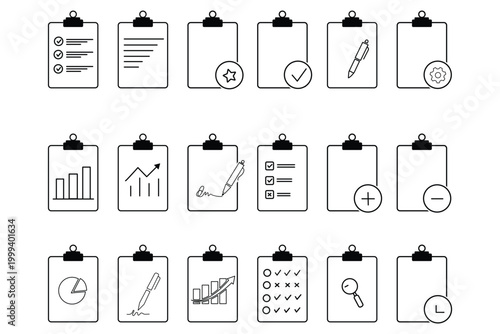 Clipboard checklist icons collection with documents, tasks and reports isolated on white background for business, office, planning, survey and productivity management ...