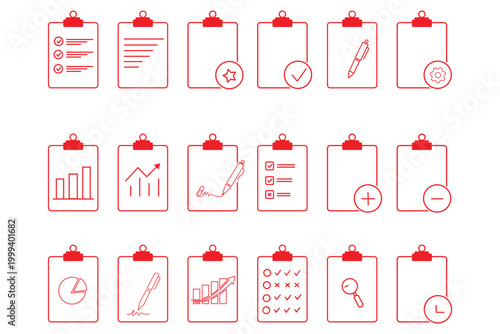 Clipboard checklist icons collection with documents, tasks and reports isolated on white background for business, office, planning, survey and productivity management ...