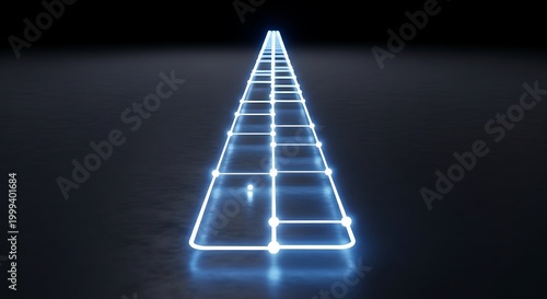 A glowing blue neon pyramid-shaped structure stands alone in a dark room with a reflective surface