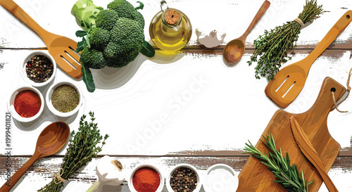 Cooking Ingredients Flat Lay Frame with Fresh Herbs, Spices, Olive Oil, Broccoli, and Wooden Utensils on White Background for Food and Kitchen DesignsCooking Ingredients Flat Lay Frame with Fresh 
