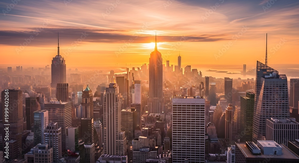 Obraz premium Golden Hour Skyline Over Sunset City Creating Dramatic Urban View.