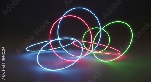 A mesmerizing display of glowing neon hula hoops in blue, pink, and green colors against a dark background