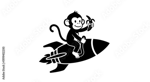 Cartoon monkey riding a rocket and holding a banana