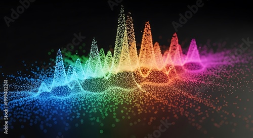 A vibrant and dynamic sound wave graphic with a rainbow of colors against a black background