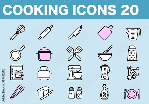 Bold Line Cooking and Kitchen Tool Icon Set / Culinary Equipment Vector Symbols