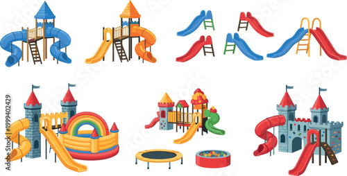 Colorful Playground Equipment Set with Slides, Swings, Trampolines, and Castle Playgrounds for Kids’ Play Area Designs