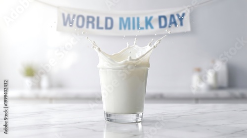 A glass of milk with a splash on World Milk Day celebration with a banner in the background