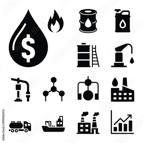 Oil industry and refinery icon collection containing fuel transport truck ship factory building graph and energy resource elements.