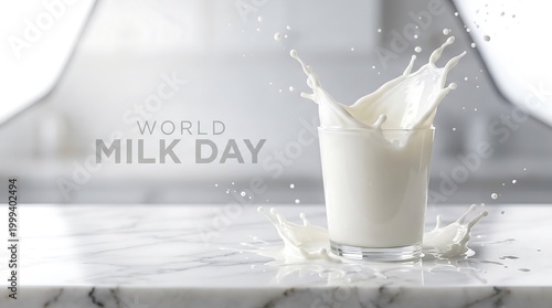 A glass of milk sits on a marble countertop with milk splashing out of it in celebration of World Milk Day