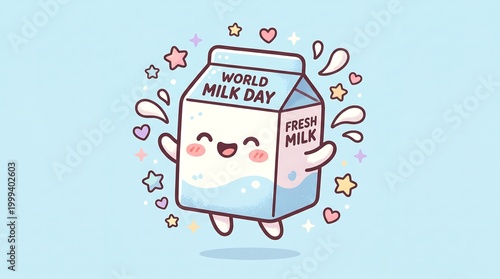 A cheerful cartoon milk carton with a smiling face celebrates World Milk Day with colorful stars and hearts on a light blue background