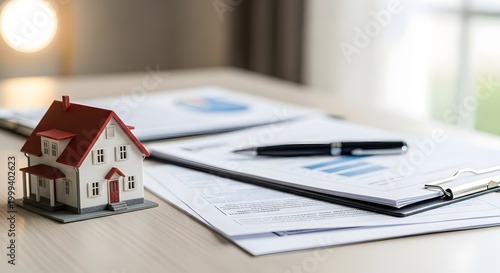 Model House and Financial Documents on Desk for Real Estate Investment.
