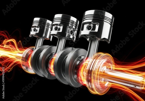 Three chrome pistons and connecting rods with a rotating crankshaft emitting orange and yellow energy trails against a