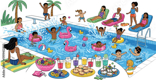 Diverse People Enjoying Summer Pool Party with Floats, Food, and Drinks for Fun, Vacation, and Celebration Designs
Diverse People Enjoying Summer Pool Party with 