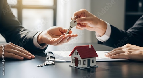 Real estate key handover during professional transaction.