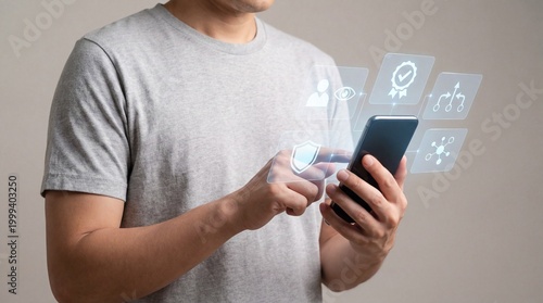 Person using smartphone with floating digital interface icons , AI Human Oversight concept
