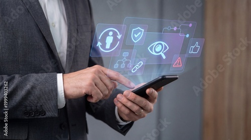 Businessman using smartphone with floating security and network icons , AI Human Oversight concept