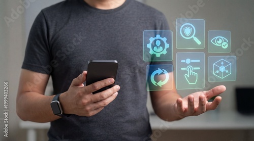 Person using smartphone with floating holographic technology icons , AI Human Oversight concept