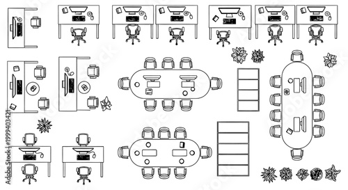 top view of office spaces with computers chairs and conference tables