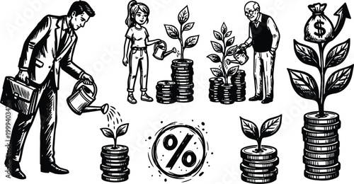 Black and white vector art businessman woman and senior watering coin stacks growing money plant percent