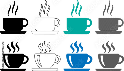 Hot beverage vector illustration set of steaming coffee cups in various colors and styles including solid, outlined, and textured designs on transparent background.