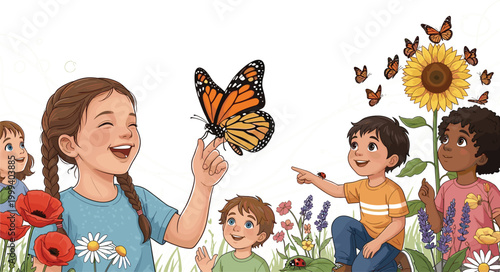 Happy Diverse Children Playing with Butterflies and Sunflowers in Garden for Kids, Nature, and Childhood Joy DesignsHappy Diverse Children Playing with 