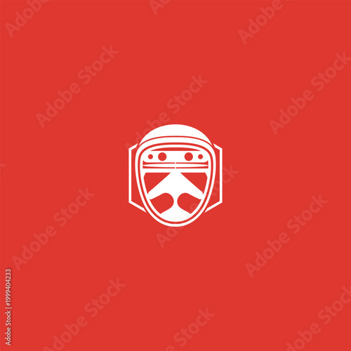 Vintage space helmet design concept combined with airplane silhouette logo on red background white shield logo on red background