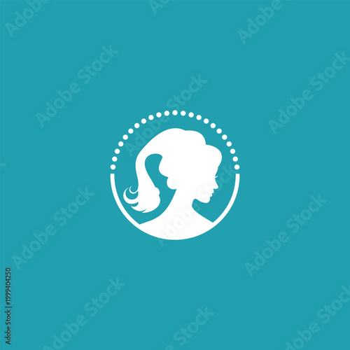 Beautiful woman profile silhouette in white on aqua background combined with circular dots - fashion or beauty illustration