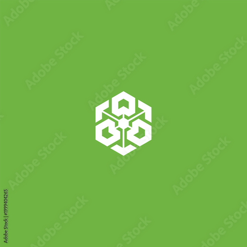 A digital logo design featuring a combination of interlocking arrows and polygons. An abstract symbol logo for a technology business. white logo on green background