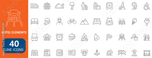 Hotel service and travel elements editable line icon set for web and app design