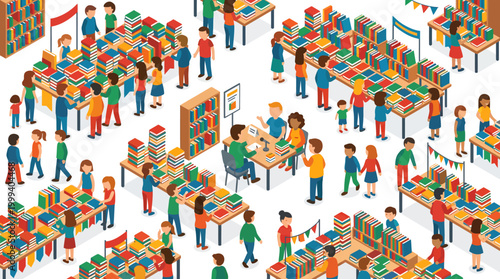 People of various ages browsing and purchasing books from colorful tables and shelves at a lively book fair event