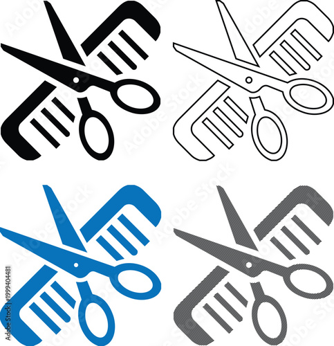 Scissors and comb vector illustration set, professional barber and hairdresser tools in various styles for salon designs.