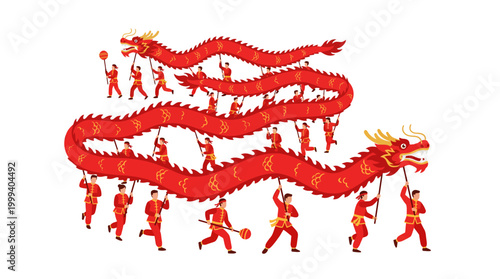 People in traditional clothing are performing a dragon dance with a long red dragon