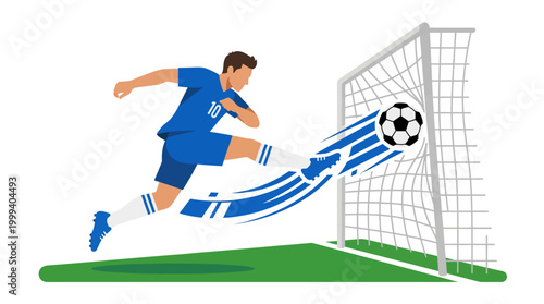 Soccer player kicking ball into goal with motion lines