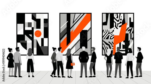 People are looking at abstract art pieces in a modern art gallery with white walls and gray floor