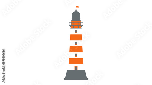 An illustration of a tall orange and white striped lighthouse with a gray base and dome topped flag on a white background