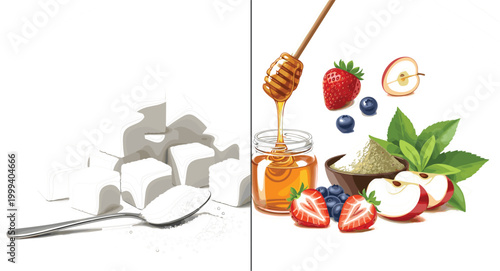 Sugar vs Natural Sweeteners Comparison Concept with Honey, Fruits, and Healthy Alternatives for Nutrition and Diet DesignsSugar vs Natural Sweeteners Comparison Concept with Honey, Fruits, 