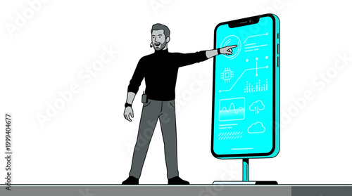 A man interacts with a large smartphone displaying various digital icons and graphs on its screen