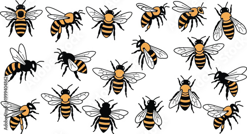 Collection of stylized honey bees in various poses, black and orange insect flying swarm